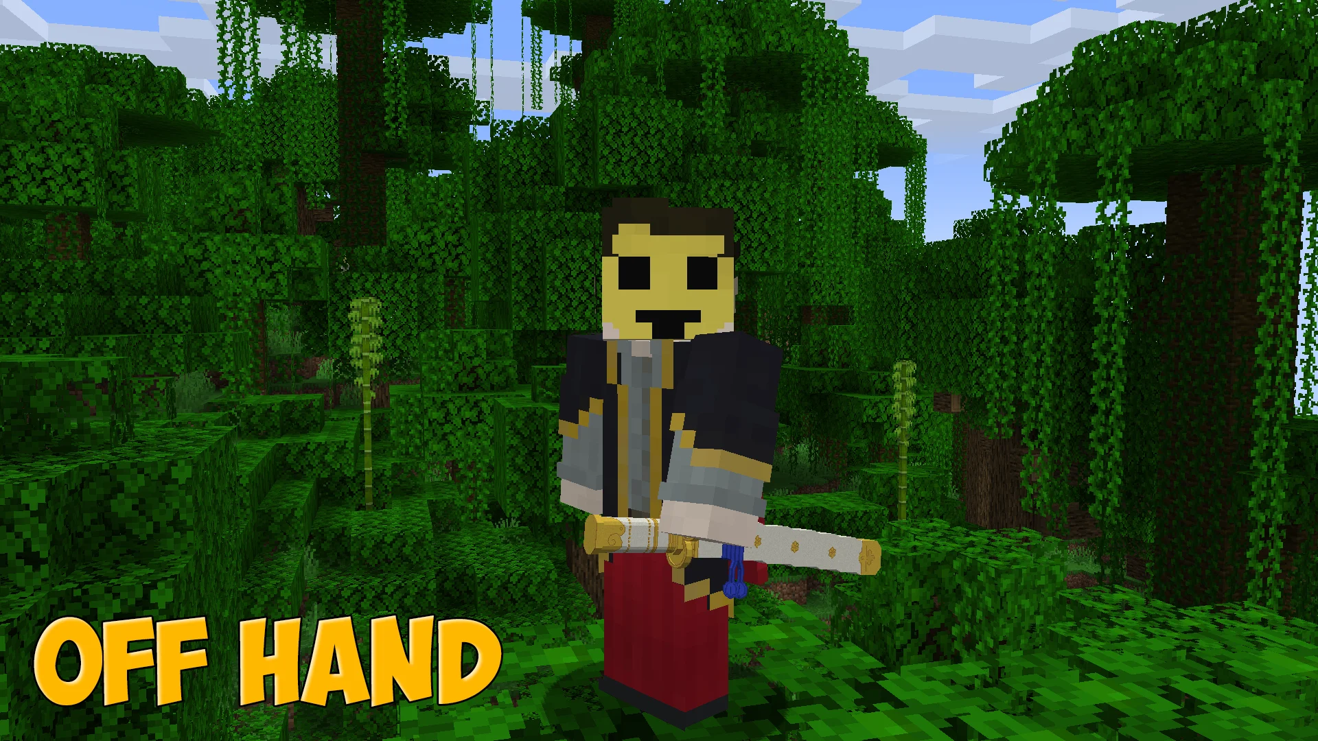 Ame no Habakiri katana from One Piece in the main hand, third-person view in Minecraft - resource pack preview