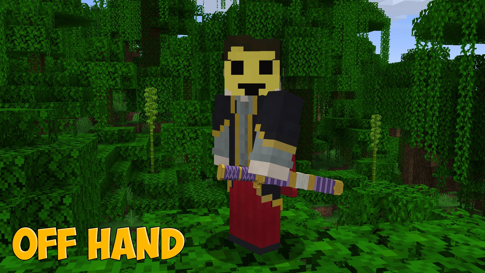 Nidai Kitetsu katana from One Piece in the off-hand, third-person view in Minecraft - resource pack preview